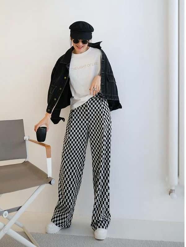 黑白格子裤搭配什么颜色的上衣-（格子裤配什么衣服好看）